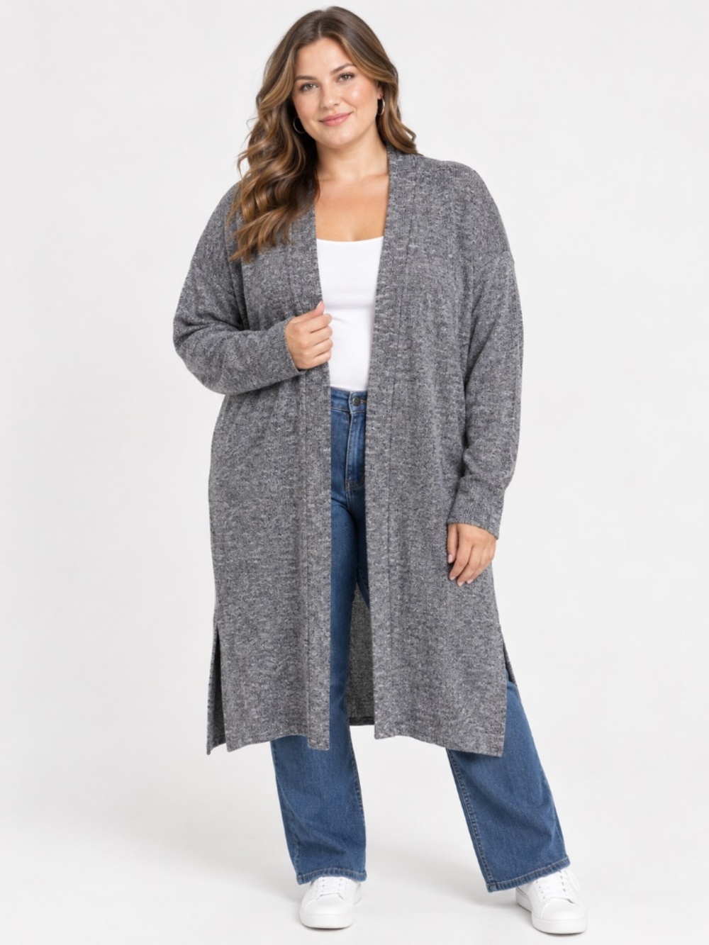 Dex Women's 3X Knit Longline Cardigan Sweater Open Front Gray Casual